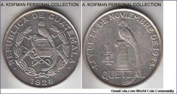 KM-243.1, 1929 Guatemala 1/4 Quetzal; silver, lettered edge; good very fine or better.