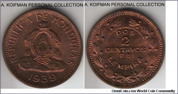 KM-78, 1939 Honduras 2 centavos; bronze, plain edge; red brown choice uncirculated.