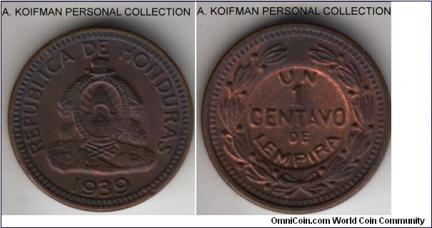KM-77.1, 1939 Honduras centavo; bronze, plain edge; dark brown choice uncirculated.