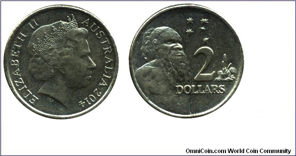 Australia, 2 dollars, 2014, Al-Bronze, 20.5mm, 6.6g, Queen Elizabeth II, Aborigine male.