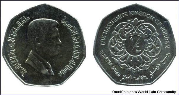Jordan, 1/4 dinar, 2009, Ni-Brass, 26.5mm, 7.4g, 7-sided, King Abdullah II.
