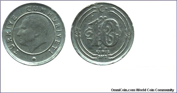 Turkey, 10 kurus, 2012, Brass, Atatürk.