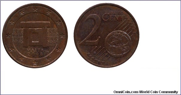 Malta, 2 cents, 2008, Cu-Steel, 18.75mm, 3.06g, Mnajdra temple altar.