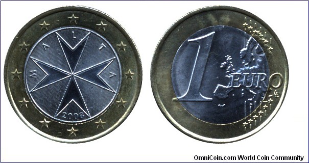 Malta, 1 euro, 2008, Ni-Brass-Cu-Ni, bi-metallic, 23.25mm, 7.5g, Cross.