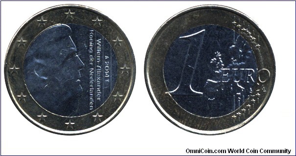 Netherlands, 1 euro, 2014, Ni-Brass-Cu-Ni, bi-metallic, 23.25mm, 7.5g, King Willem Alexander.