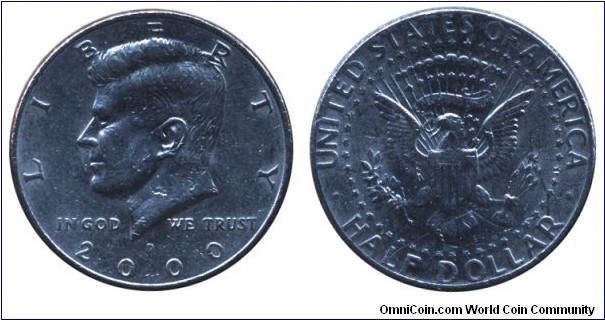 USA, 1/2 dollar, 2000, Cu-Ni, 30.6mm, 11.34g, J. F. Kennedy.