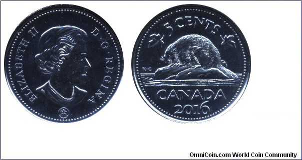 Canada, 5 cents, 2016, Queen Elizabeth II, Beaver.