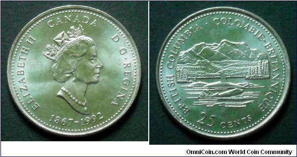 Canada 25 cents.
1992, 125th Anniversary of the Canadian Confederation - British Columbia.