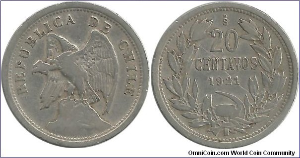 Chile 20 Centavos 1921 (w-o O'ROTY)