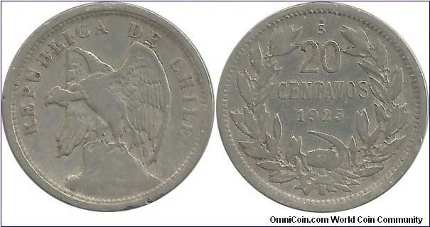 Chile 20 Centavos 1925 (w-o O'ROTY)