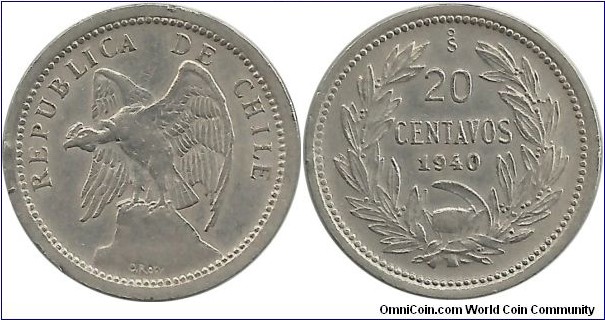 Chile 20 Centavos 1940 (w O'ROTY)