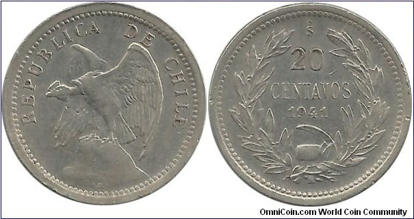 Chile 20 Centavos 1941 (w O'ROTY)