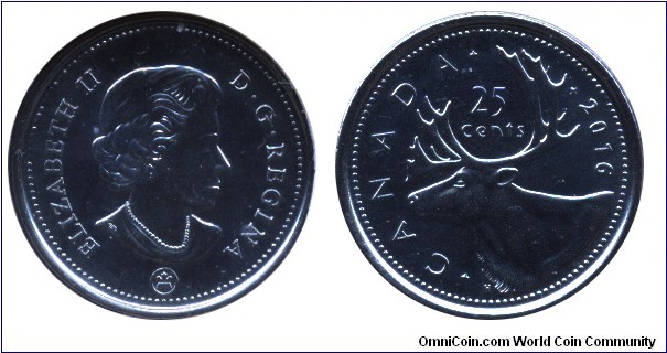 Canada, 25 cents, 2016, Queen Elizabeth II, Caribou.