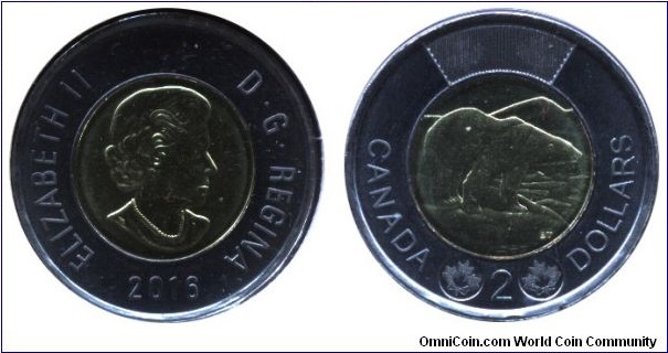 Canada, 2 dollars, 2016, bi-metallic, Queen Elizabeth II, Polar Bear