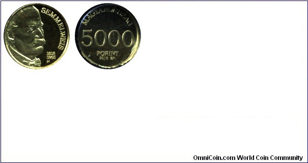 Hungary, 5000 forint, 2015, Au, 11mm, 0.5g, Ignác Semmelweis, doctor, 150th anniversary of death.