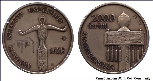 Hungary, 2000 forint, 2015, Cu-Zn, 37mm, 18.4g, National Memorial Place: Mohács, 1526.