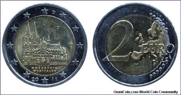 Germany, 2 euros, 2011, Cu-Ni-Ni-Brass, bi-metallic, 25.75mm, 8.5g, MM: D, Nordrhein-Westfalen, Cologne Cathedral.
