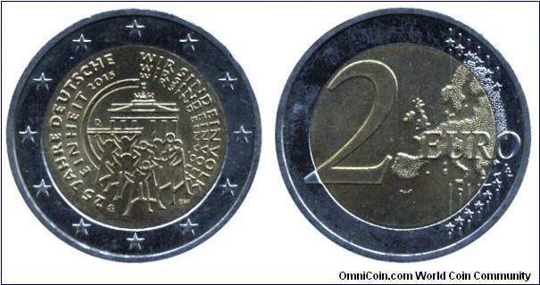 Germany, 2 euros, 2015, Cu-Ni-Ni-Brass, bi-metallic, 25.75mm, 8.5g, MM: D, 25 Jahre Deutsche Einheit - 2015, Wir sind ein Volk, 25th Anniversary of German Unity.