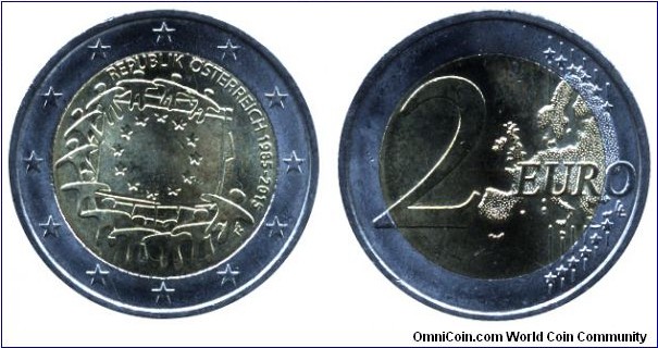 Austria, 2 euros, 2015, Cu-Ni-Ni-Brass, bi-metallic, 25.75mm, 8.5g, 1985-2015, 30th Anniversary of EU flag.