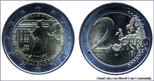 Austria, 2 euros, 2016, Cu-Ni-Ni-Brass, bi-metallic, 25.75mm, 8.5g, 1816-2016, 200 Jahre Oesterreichische Nationalbank, 200th Anniversary of the Austrian National Bank.