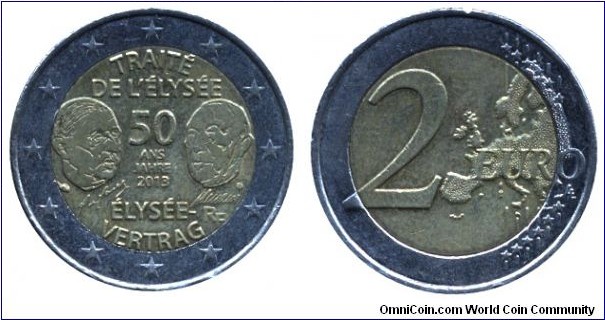 France, 2 euros, 2013, Cu-Ni-Ni-Brass, bi-metallic, 25.75mm, 8,5g, Traité de l'Élysée - 50 ans, Jahre, Élysée-Vertrag.