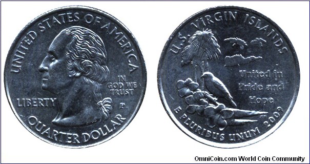 USA, 1/4 dollar, 2009, Cu-Ni, 24.26mm, 5.67g, MM: P, U.S. Virgin Islands, United in Pride and Hope, George Washington
