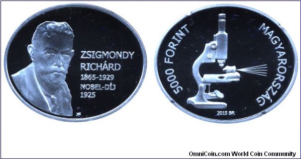 Hungary, 5000 forint, 2015, Ag, 30mm, 12.5g, unusual shape: elliptical, Richárd Zsigmondy (1865-1929, Nobel prize: 1925), Hungarian Nobel prize winners series.