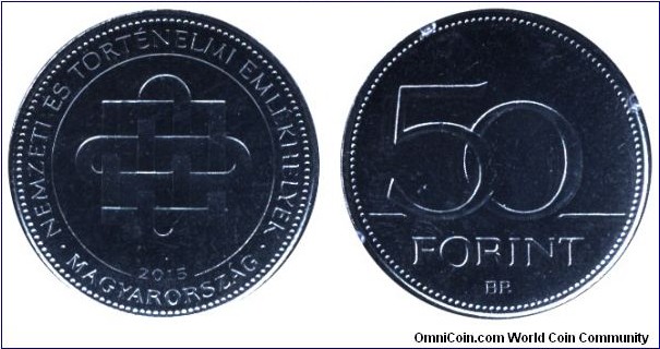 Hungary, 50 forint, 2015, Cu-Ni, 27.4mm, 7.7g, Emblem of National Memorial Places.