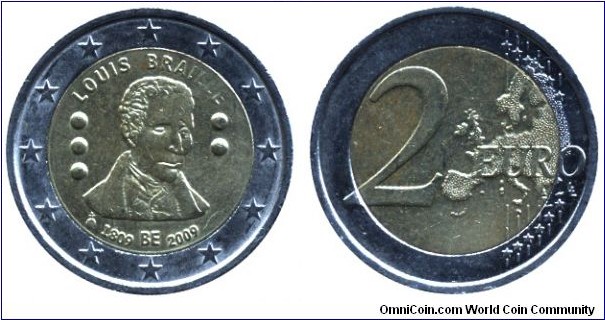 Belgium, 2 euros, 2009, Cu-Ni-Ni-Brass, 25.75mm, 8,5g, 1809-2009, 200th Anniversary of the birth of Louis Braille.