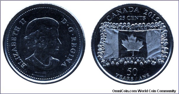 Canada, 25 cents, 2015, Queen Elizabeth II, 50 years of Canadian flag.