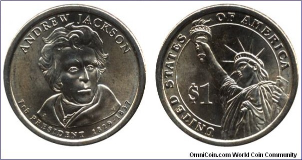 USA, 1 dollar, 2008, Mn-Brass, 26.5mm, 8.07g, MM: D, Andrew Jackson, 7th President, 1829-1837.