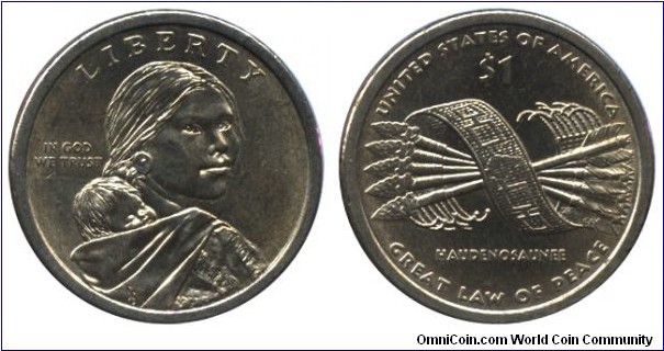 USA, 1 dollar, 2010, Mn-Brass, 26.5mm, 8.07g, MM: P, Hiawatha belt, Haudenosaunee, Great Law of Peace.