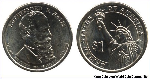 USA, 1 dollar, 2011, Mn-Brass, 26.5mm, 8.07g, MM: D, Rutherford B. Hayes, 19th President, 1877-1881.