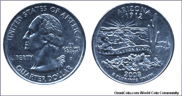 USA, 1/4 dollar, 2008, Cu-Ni, 24.26mm, 5.67g, MM: D, G. Washington, Arizona - 1912, Grand Canyon State.