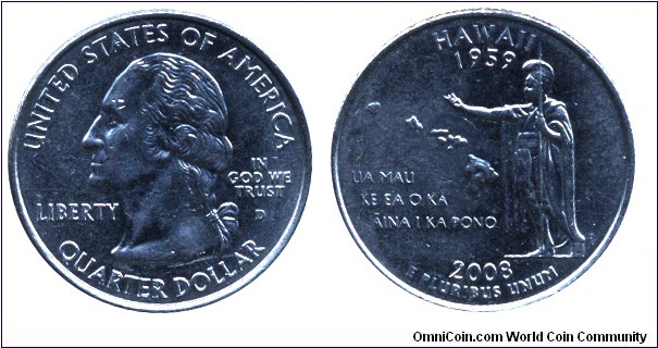 USA, 1/4 dollar, 2008, Cu-Ni, 24.26mm, 5.67g, MM: D, G. Washington, Hawaii - 1959, Ua Mau ke ba okaaina i ka pono.