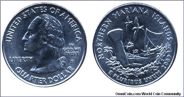 USA, 1/4 dollar, 2009, Cu-Ni, 24.26mm, 5.67g, MM: D, G. Washington, Northern Mariana Islands.