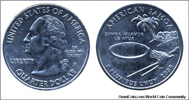 USA, 1/4 dollar, 2009, Cu-Ni, 24.26mm, 5.67g, MM: D, G. Washington, American Samoa.
