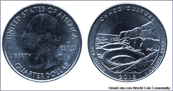 USA, 1/4 dollar, 2012, Cu-Ni, 24.26mm, 5.67g, MM: D, G. Washington, Chaco Culture, New Mexico.