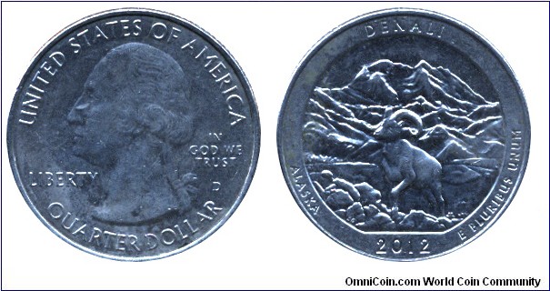 USA, 1/4 dollar, 2012, Cu-Ni, 24.26mm, 5.67g, MM: D, G. Washington, Denali, Alaska.