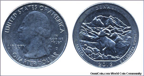 USA, 1/4 dollar, 2012, Cu-Ni, 24.26mm, 5.67g, MM: D, G. Washington, Denali, Alaska.