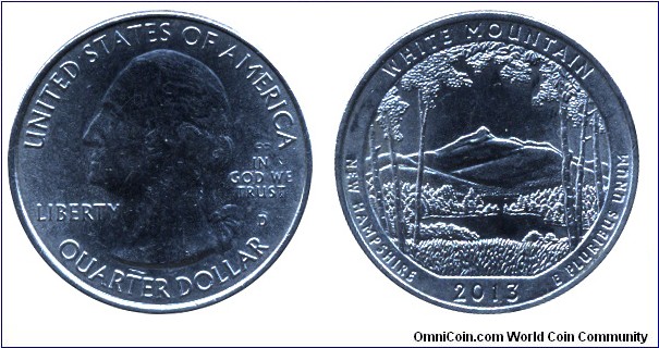 USA, 1/4 dolar, 2013, Cu-Ni, 24.26mm, 5.67g, MM: D, G. Washington, White Mountain, New Hampshire.