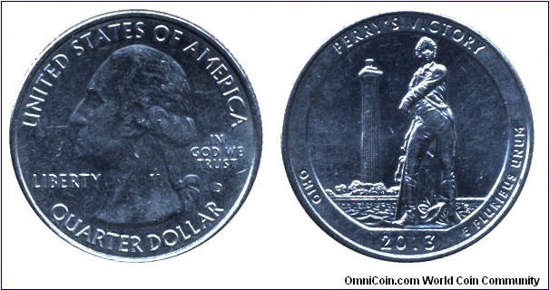 USA, 1/4 dollar, 2013, Cu-Ni, 24.26mm, 5.67g, MM: D, G. Washington, Perry's Victory, Ohio.