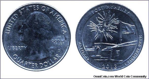 USA, 1/4 dollar, Cu-Ni, 2013, 24.26mm, 5.67g, MM: D, G. Washington, Fort McHenry, Maryland.