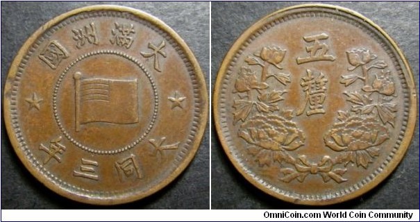 China Manchukuo 1934 5 li. Strong details, couple of nicks on edge. Wight: 3.42g