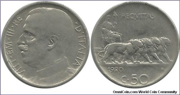 Italy-Kingdom 50 Centesimi 1920R-reeded