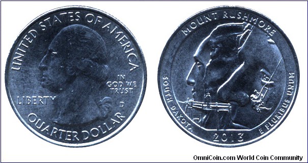 USA, 1/4 dollar, 2013, Cu-Ni, 24.26mm, 5.67g, MM: D, G. Washington, Mount Rushmore, South Dakota.