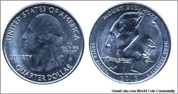 USA, 1/4 dollar, 2013, Cu-Ni, 24.26mm, 5.67g, MM: P, G. Washington, Mount Rushmore, South Dakota
