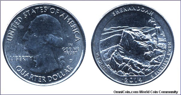 USA, 1/4 dollar, 2014, Cu-Ni, 24.26mm, 5.67g, MM: D, G. Washington, Shenandoah, Virginia.