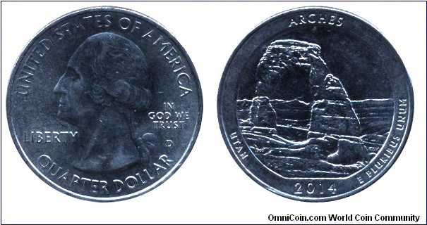 USA, 1/4 dollar, 2014, Cu-Ni, 24.26mm, 5.67g, MM: D, G. Washington, Arches, Utah.