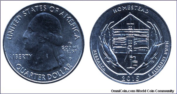 USA, 1/4 dollar, 2015, Cu-Ni, 24.26mm, 5.67g, MM: D, G. Washington, Homestead, Nebraska.